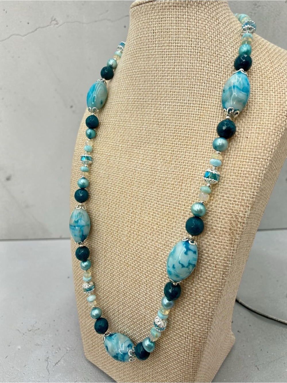 Artisan Murano Style Glass Larimar Apatite Opal Pearl Necklace 22” Ocean Blue - Picture 3 of 17